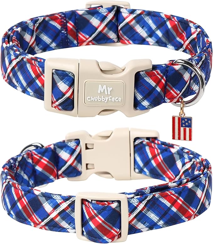 Plaid Cotton Dog Collar, Soft Checkered Patriotic Puppy Pet Collar with Plastic Buckle, Adjustable 4th of July Pet Collar for Small Medium Large Dogs