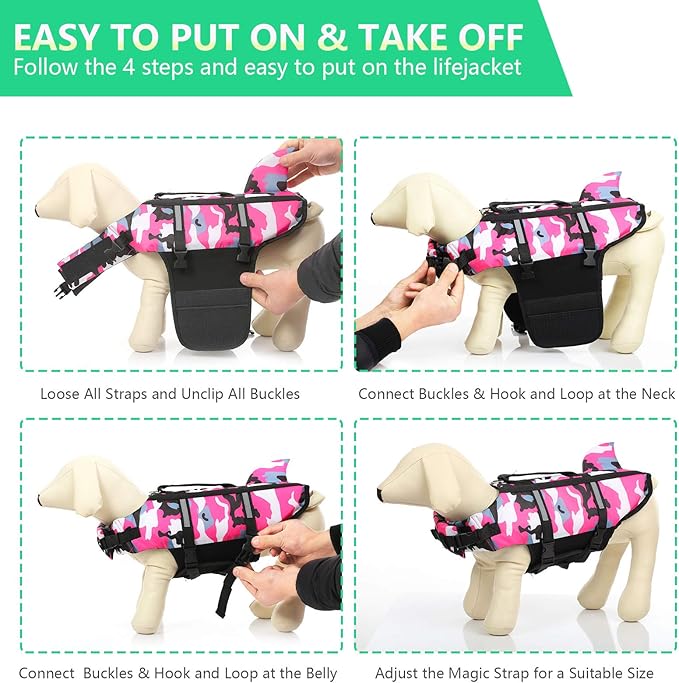 Queenmore Dog Life Jacket Pet Safety Vest High Buoyancy Camouflage Color Cute Shark with Strong Rescue Handle and Leash Ring for Boating, Canoeing, Surfing, Hunting, Pink S