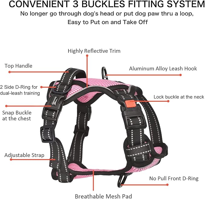 Petmolico No Pull Dog Harness and Leash Set, No Choke 4 Leash Attchments Easy Control Handle Soft Padded Reflective Vest Dog Harness for Medium Dog Breed, Pink Medium