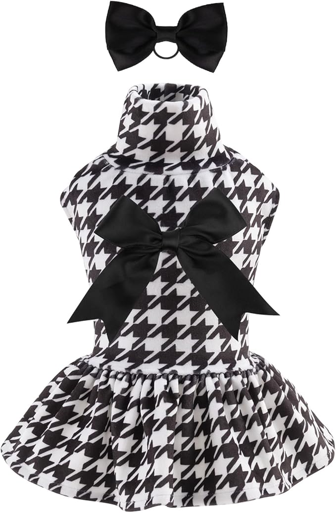 CuteBone Turtleneck Dog Velvet Dress Puppy Skirt Costume Pet Clothes Cat Apparel with Bow Hair Rope for Small Dogs CVD04M