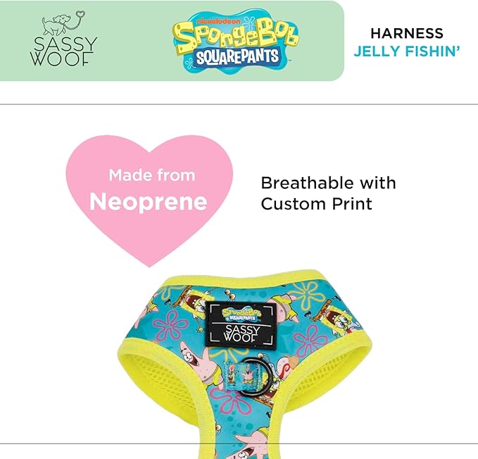 Dog Adjustable Harness - Spongebob Squarepants™ Jelly Fishin' - S, Breathable Mesh, No Pull Design with Two D-Rings, Patented Design, Perfect for Small Dogs - Officially Licensed