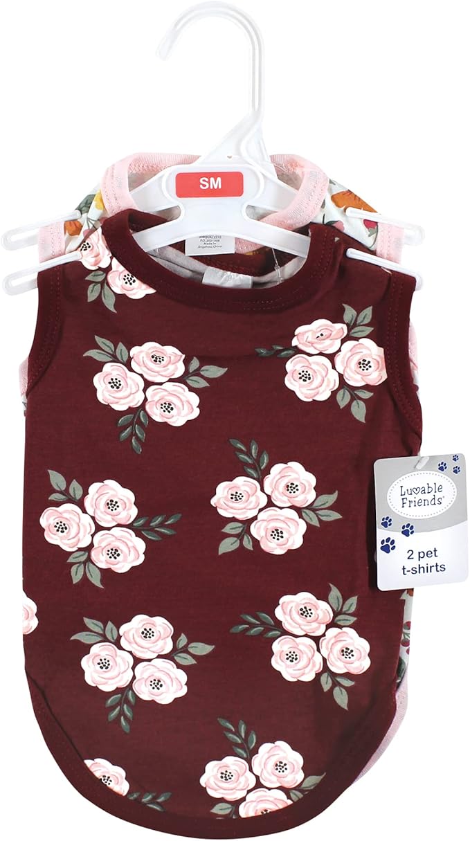 Luvable Friends Dog Pet Dog and Cats Cotton T-Shirts 2pk, Burgundy Floral Botanical, X-Large