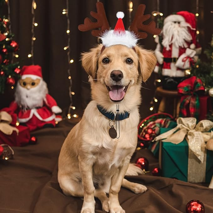 Pedgot 3 Pack Christmas Pet Headwear Xmas Hair Loop Brown Reindeer Antlers Headband Christmas Pet Costume Hair Accessory for Dogs