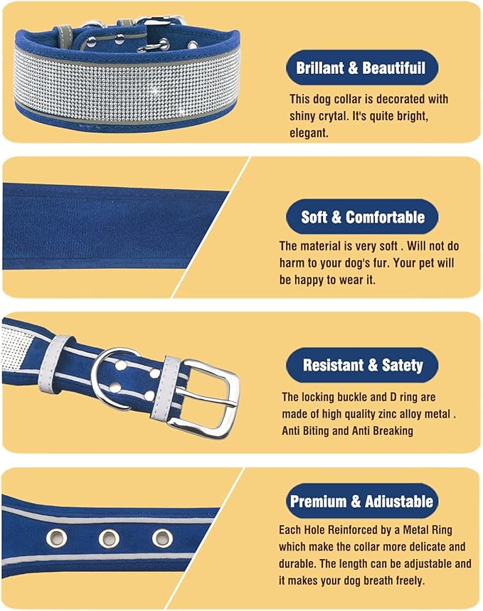 Bling Rhinestone Dog Collar Soft Comfortable Stylish Dog Collar with Bright Reflective Stripe Premium Adjustable Diamond Crystal Pet Collar for Small Medium and Large Dogs (M, Blue)
