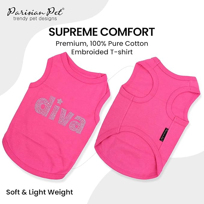 Parisian Pet Dog T-Shirt with Embroidered ' Diva ' - Breathable Tank Top - Sleeveless Pet Vest - Machine Washable Pink Tee Shirt for Medium Sized Dogs - M