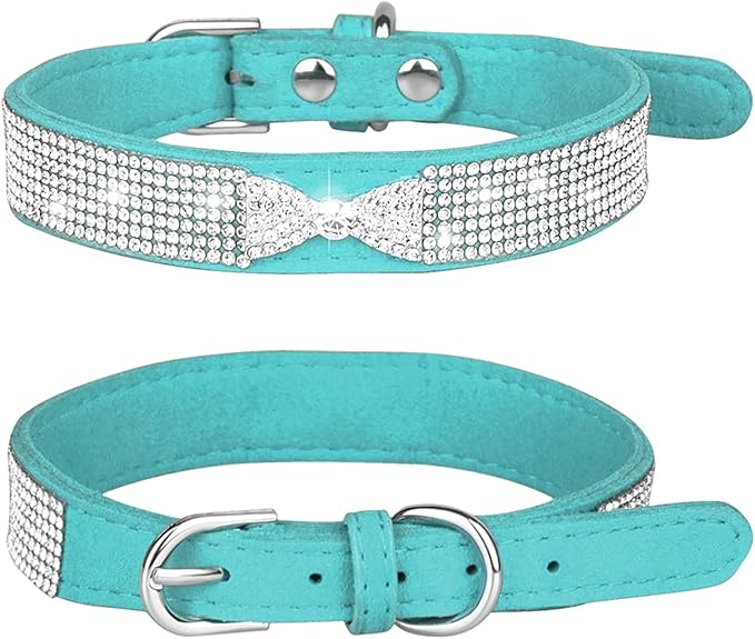 Rhinestone Dog Collar, Cute Dazzling Sparkling Soft Suede Leather Dog Cat Rhinestone Collar Crystal Diamond Pet Dog Puppy Collar (XS, Blue-2)