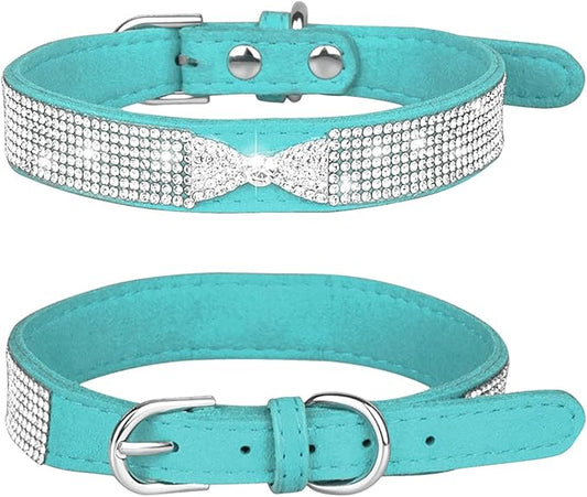 Rhinestone Dog Collar, Cute Dazzling Sparkling Soft Suede Leather Dog Cat Rhinestone Collar Crystal Diamond Pet Dog Puppy Collar (S, Blue-2)