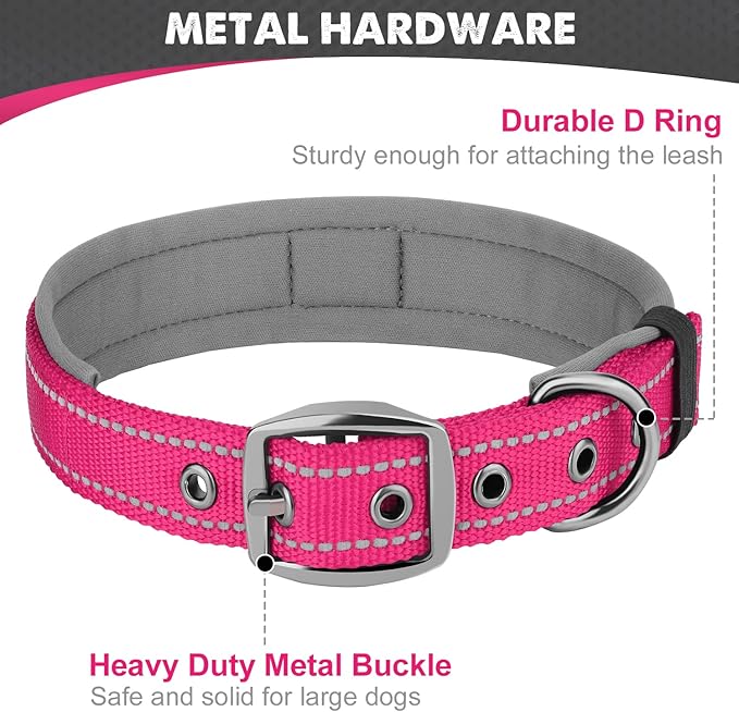 Joytale Dog Collar for Medium Dogs, Neoprene Padded and Adjustable, Reflective Wide Heavy Duty Pet Collars with Durable Metal Belt Buckle for Walking, Hotpink, M