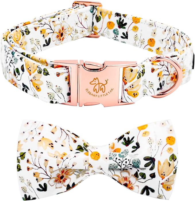 Elegant little tail Dog Collar, Floral Print Pet Collar with Bow Girl Cotton Bowtie Collars Spring Dog Collars Gift Adjustable Dog Collar for Small Dogs