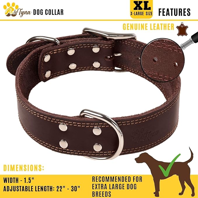 ADITYNA Heavy Duty Leather Dog Collar for Extra-Large Dogs - Soft and Strong Leather Collar for XL Breeds (Extra-Large: Fit 22" - 30" Neck, Brown)