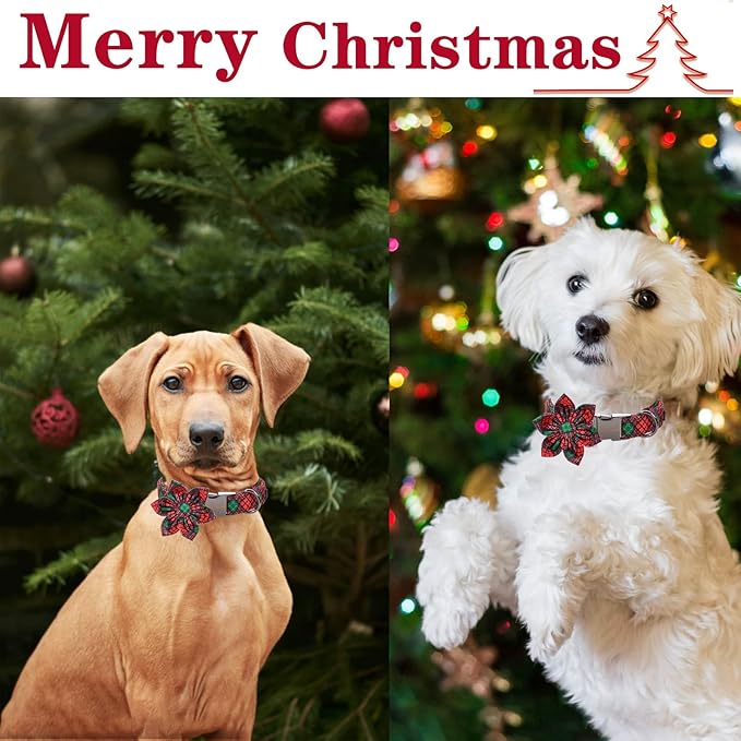 Unique style paws Christmas Dog Collar with Flower Tie Red Green Plaid Adjustable Cotton Puppy Collar for Small Medium Large Dogs-S