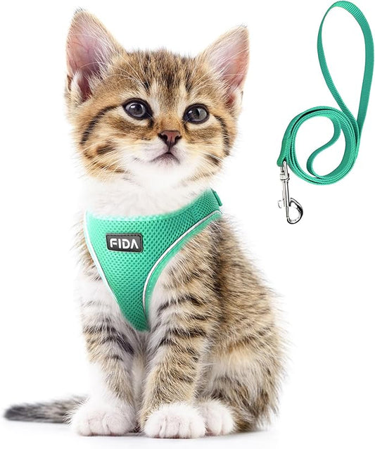 Fida Cat Harness and Leash Set for Walking Kitten and Puppy, Escape Proof Kitten Harness with Breathable Lightweight Soft Mesh, Adjustable Reflective Step-in Design. (XXXS, Green)