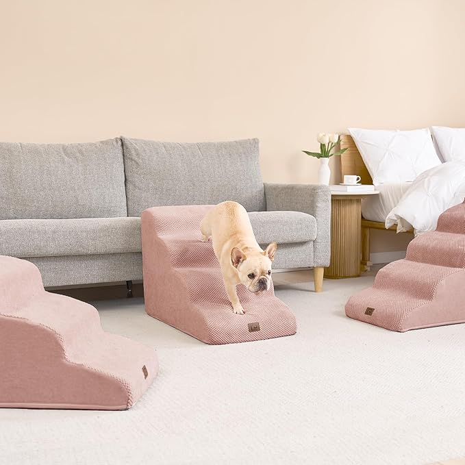 EHEYCIGA Curved Dog Stairs Ramp for High Beds 19.7" H, 4-Step Dog Steps for Small Dogs and Cats, Pet Stairs for High Bed Climbing, Non-Slip Balanced Pet Step Indoor, Dusty Pink