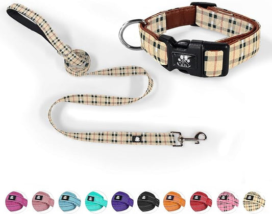 NESTROAD Dog Collar and Leash Set,Durable Leather Pet Collar with Quick Release Buckle,Adjustable Nylon Dog Collars for Small Medium Large Dogs(Large Collar+ 5FT Leash,Cherecked Beige)
