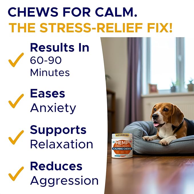 Advanced Calming Chews for Dogs - Hemp Treat + Melatonin + Valerian - Relaxing Bites - Calming Care - Anti-Anxiety & Stress Relief - Made in USA - Calm, Sleep Aid, Storms - 60Ct