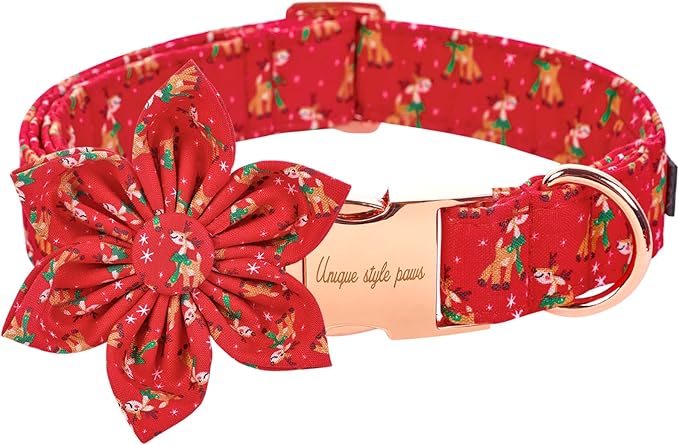 Unique style paws Christmas Dog Collar with Flower Tie Red Elk Pure Cotton Collar Adjustable Puppy Collar for Small Medium Large Dogs-S