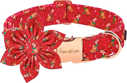 Unique style paws Christmas Dog Collar with Flower Tie Red Elk Pure Cotton Collar Adjustable Puppy Collar for Small Medium Large Dogs-S