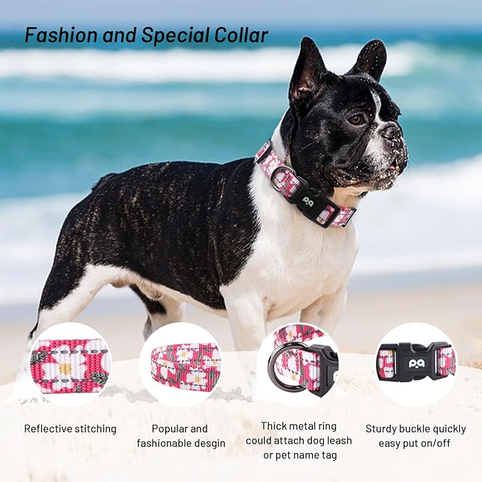 Dog Collar Cute Flower, Reflective Adjustable Basic Collars for Girl Female Small Medium Large Dogs Walking Running(X-Small,Pink)