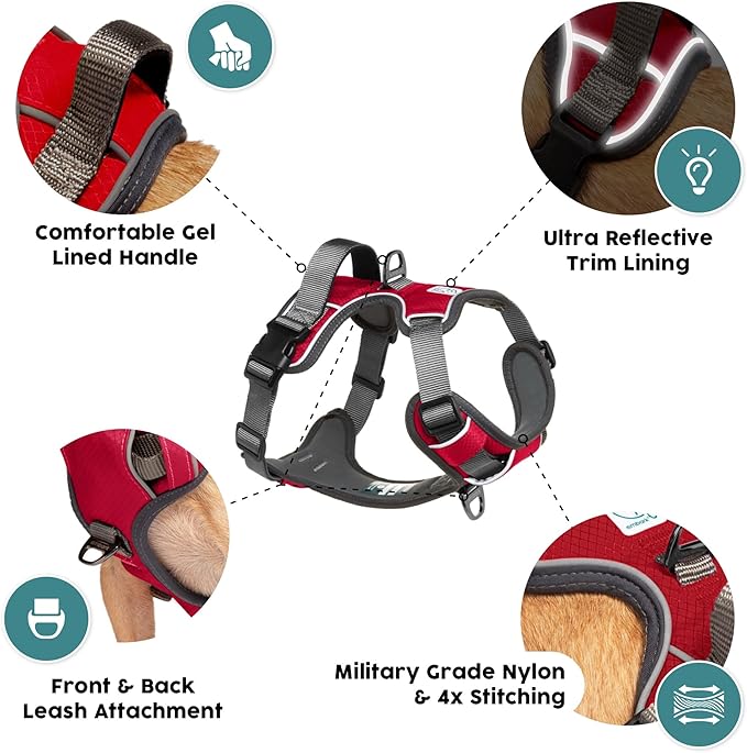 Embark Adventure Dog Harness, Reflective Trim No Pull Dog Harness for Large Dogs - Military Grade Nylon, Front Clip with Gel Lined Handle.