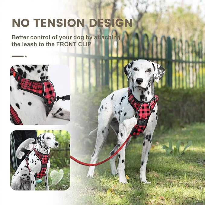 FURRYFECTION Plaid Dog Harness for Large Dogs | No Pull Reflective Pet Harness | No Choke Adjustable Dog Vest Harnesses | with Leash | Easy Control Handle | Front Lead | Seat Belt | Red&Black | XL