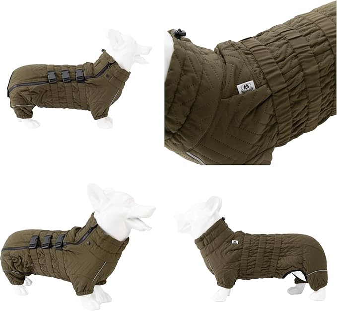 Lovelonglong Warm Dog Coat Double Layers Dog Vest, 4 Legs Covered Windproof Waterproof Reflective Warm Dog Vest Outdoor Skating Dog Costume for Corgis Dachshund Dog Olive D-M