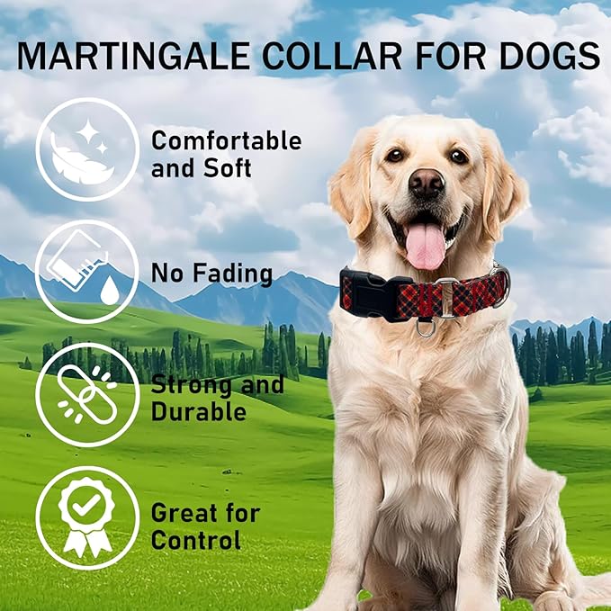 Christmas Martingale Collar for Dogs Plaid Dog Collars for Small Medium Large Dogs with Buckle Adjustable Soft Nylon Dog Collar (Red Plaid, Medium)