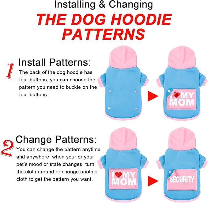 GreenJoy Magic Dog Hoodie with 4 Interchangeable Patterns - Puppy, Cat, Small Medium Large Dog Coat - Cold Weather Hooded Sweatshirt (Blue and Pink (Letter Print A), Large)