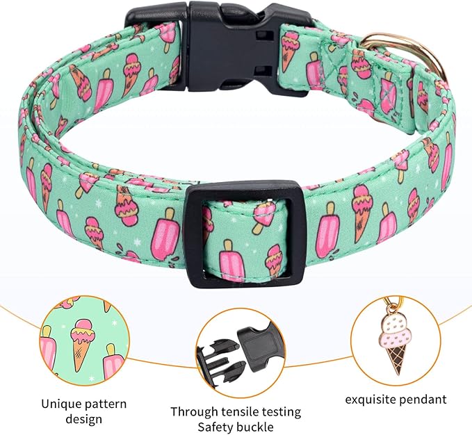 Cotton Dog Collar,Adjustable Cute Puppy Collar with Moon Patterned Design for Small Medium Large Dogs,Soft and Fancy Pet Collar with Safety Buckle for Girl Boy Dogs (Green Ice Cream, Medium)
