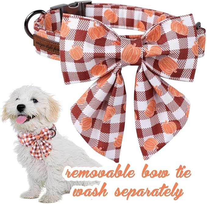 Unique Style Paws Cotton Dog Collar with Bow Halloween Pumpkin Plaid Dog Collar with Bow Tie for Small Medium Large Dogs Pets Gifts
