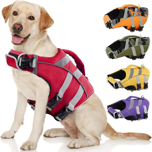 Kuoser Dog Life Jacket with Reflective Stripes - Adjustable High Visibility Vest, Ripstop Lifesaver, Pet Preserver with High Flotation Swimsuit for Small, Medium and Large Dogs