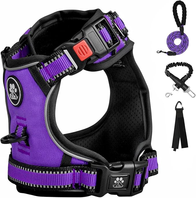FURRYFECTION Dog Harness | No Pull Dog Harness | Reflective Oxford | Padded Handle | 4 Adjustable Straps | 2 Leash Clips | No Choke Pet Vest Harness for Small Medium Large Dogs | Purple | L