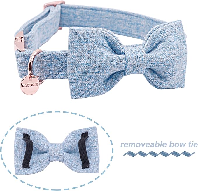 DOGWONG Hemp Cotton Dog Collar with Bow, Blue Pet Collar Durable Adjustable Puppy Collar for Large Dogs