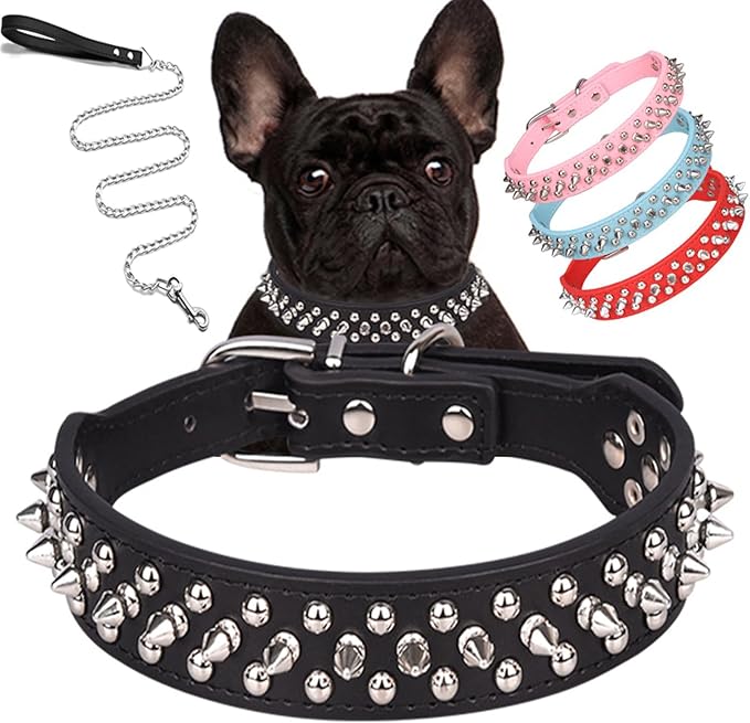 Spiked Dog Collar Soft Pu Leather Mushrooms Rivet Spike Studded Puppy Adjustable Pet Collars for Small Breeds (M, Black Set)