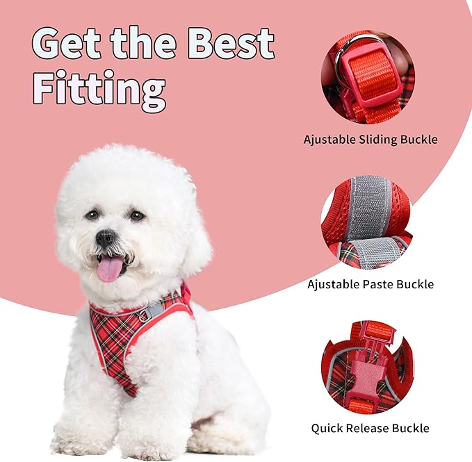 No Pull Dog Harness and Leash Set for Medium Dogs Puppy Cats Ajustable Classic Plaid Dog Vest Harness Soft Mesh Reflective Step-in Harness Escape Proof for Walking Red M