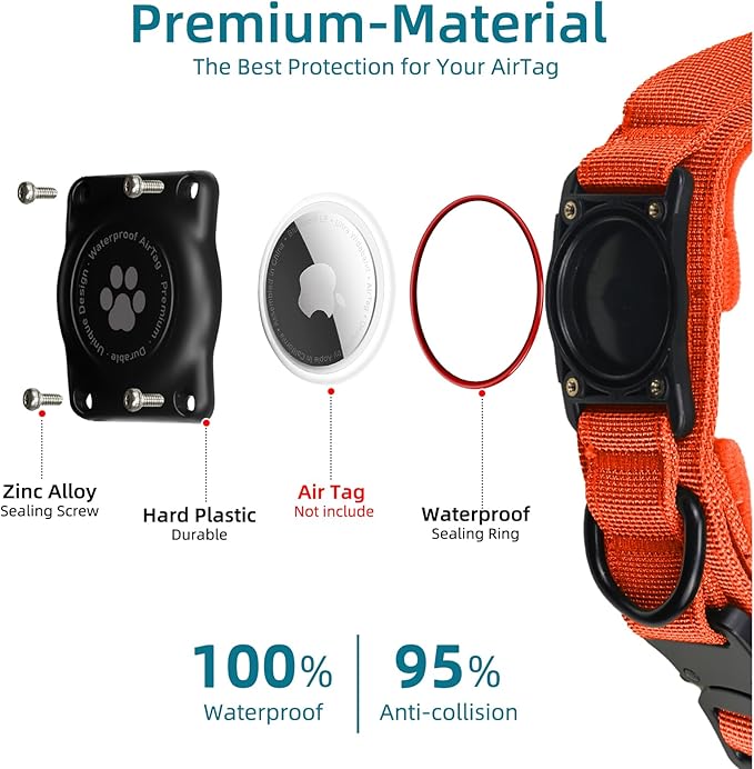 Tactical AirTag Dog Collar, 100% Waterproof Integrated Apple Air Tag Dog Collars with Hard PC AirTag Holder, Adjustable Military Collar with Handle, GPS Dog Collar for Medium Large Dog (Orange, M)