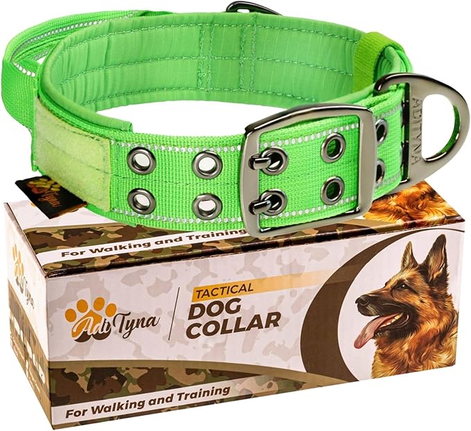 ADITYNA Heavy Duty Dog Collar for Large Dogs - Reflective Green Collar with Handle for Training, and Walking - Wide, Thick, Tactical, Soft Neoprene Padded