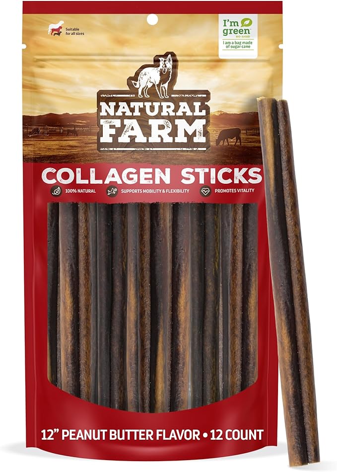 Natural Farm Peanut Butter Flavor Collagen Sticks for Dogs (12 Inch, 12 Pack), Long-Lasting Beef Collagen Sticks, Rawhide Alternative Chews with Chondroitin & Glucosamine, Low-Fat Dental Treats
