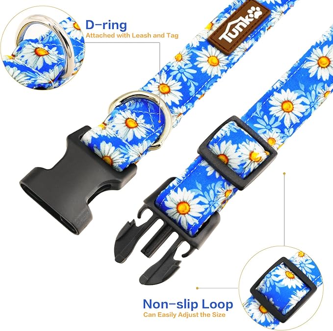 Tunkoo Blue Daisy Dog Collar, Cute Adjustable Premium Cotton Collar Durable Plastic Buckle for Small Medium Large Boys Girls Dogs, L