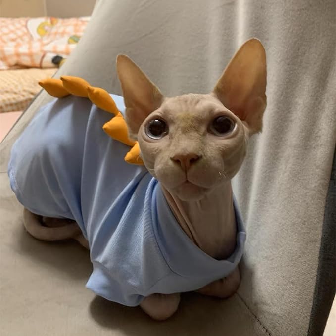Dinosaur Sphynx Hairless Cat Clothes Cute Summer Cotton Shirts Cat Costume Pet Clothes Kitten T-Shirts Cats Small Dogs Apparel (Lake Blue, XX-Large)