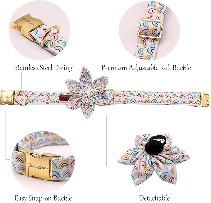 Uniqe Style Paws Flower Dog Collar, Adjustable Dog Collar with Flower, Durable Rainbow Floral Pattern Pet Collar for Small Dogs