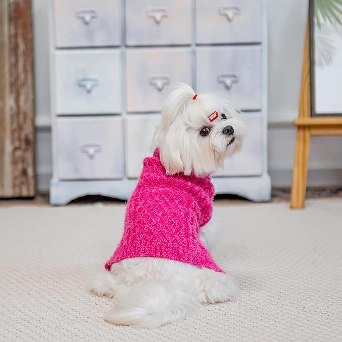 Turtleneck Small Dog Sweaters - Classic Cable Knitwear Winter Coat for Small Medium Dogs Male Female Puppy Dog Cold Weather Clothes Girls Boys, Hot Pink, XS