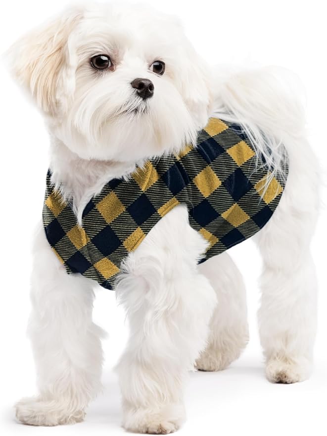 Stretch Fleece Dog Coat, Stretchy Pet Sweater, Machine Washable Pullover for Winter and Fall, Gold Buffalo Check, 8