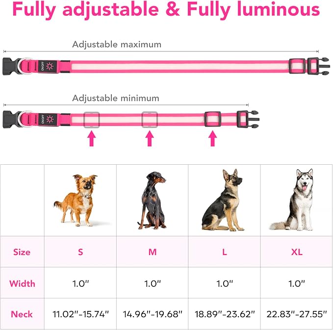 Vizpet LED Dog Collar, Light Up Dog Collar Adjustable USB Rechargeable Super Bright Safety Light Glowing Collars for Dogs (Large, Pink)