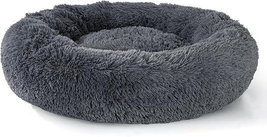 Calming Dog Bed for Medium and Large Dogs - Round Donut Washable Anti-Slip Faux Fur Fluffy Cuddle Anxiety Cat Bed (36" Dark Grey)