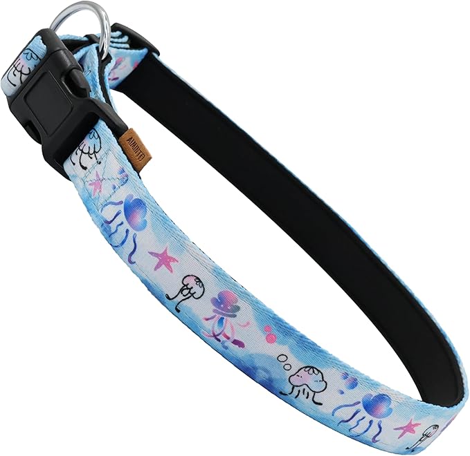 Dog Collar, Cute Jellyfish in Ocean Pattern, Neoprene Padded and Adjustable Collar with Quick Release Buckle, Reinforced Structure (L (Neck 18-28", Width 1"), Ocean Blue)