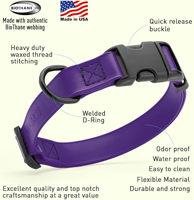 Dogline Biothane Waterproof Dog Collar with Quick Release Buckle Strong Coated Nylon Webbing with Odor- Proof for Easy Care Easy to Clean Fits Small Medium Large Dogs, Purple 1" W 15-23" L