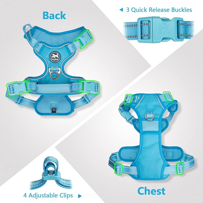 PoyPet No Pull Dog Harness, No Choke Reflective Dog Vest, Adjustable Pet Harnesses with Easy Control Padded Handle for Small Medium Large Dogs(Blue,M)