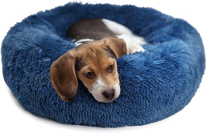Calming Dog Bed for Medium Dogs Washable Donut 30 inches Anti-Slip Pet Bed,Round Fluffy Plush Faux Fur Cat Bed,Fits up to 45 lbs Pets,Navy Blue