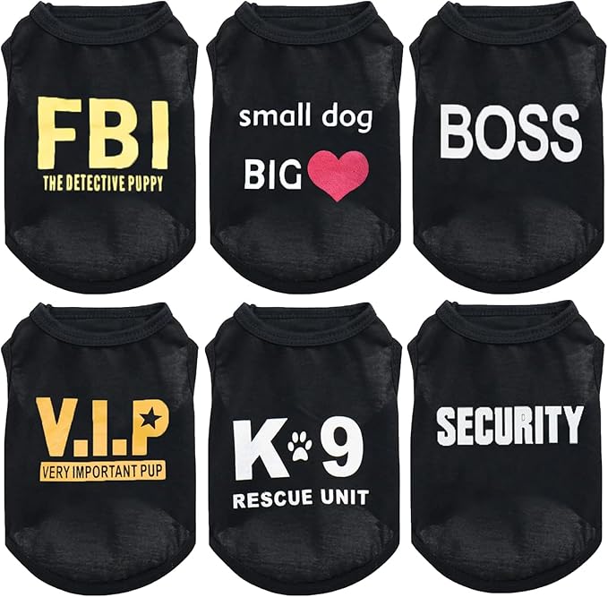 6 Pack Black Small Dog Shirt Puppy Clothes for Small Dog Boy Summer Casual Boss K9 Security Print Vest for Chihuahua Yorkies Small Dog Cat Fashion Outfits, Large
