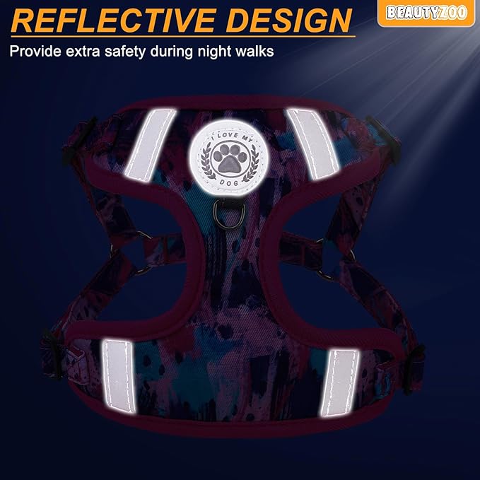 BEAUTYZOO Dog Harness Collar and Leash Set, No Pull Step in Pet Harness for Medium Sized Dogs, Adjustable No Escape Puppy Vest Harnesses Outdoor Walking Running, Soft Reflective Vest, Hot Pink M